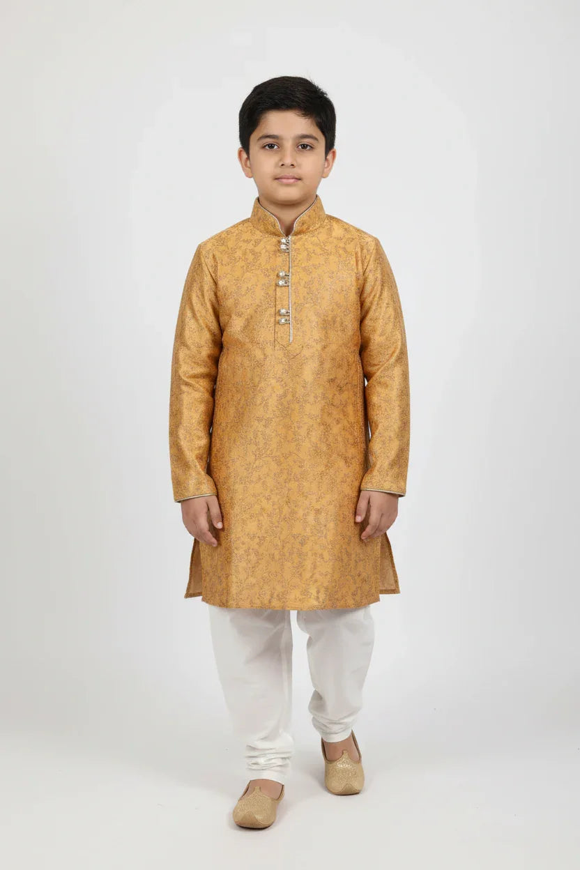 Boy wearing golden embroidered kurta, white churidar pants and traditional mojari shoes on white background