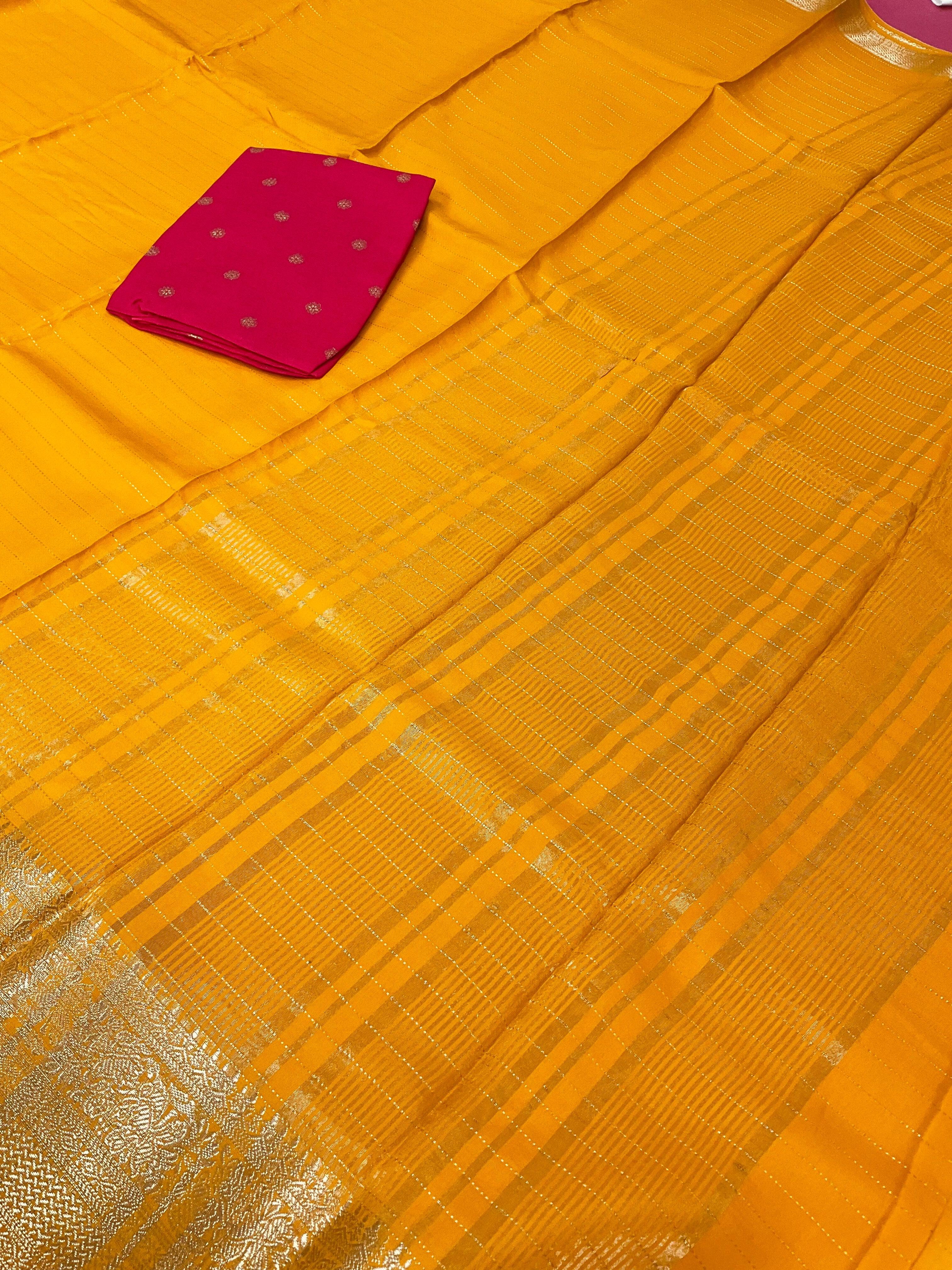 Yellow Fancy Silk Saree with Contrast Red Blouse - Soft Lightweight