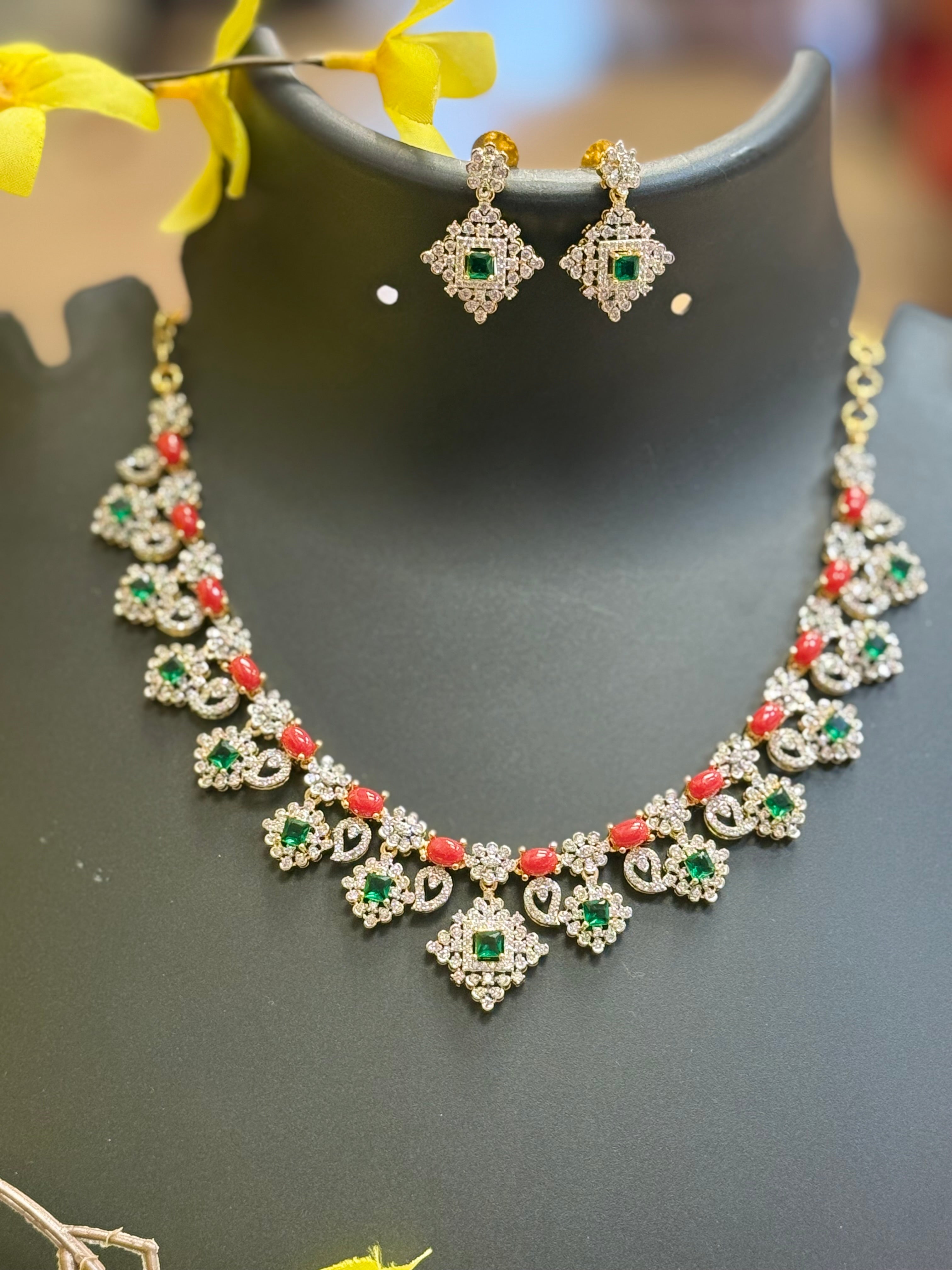 Party Wear - CZ Necklace set with Corals/Pagadam