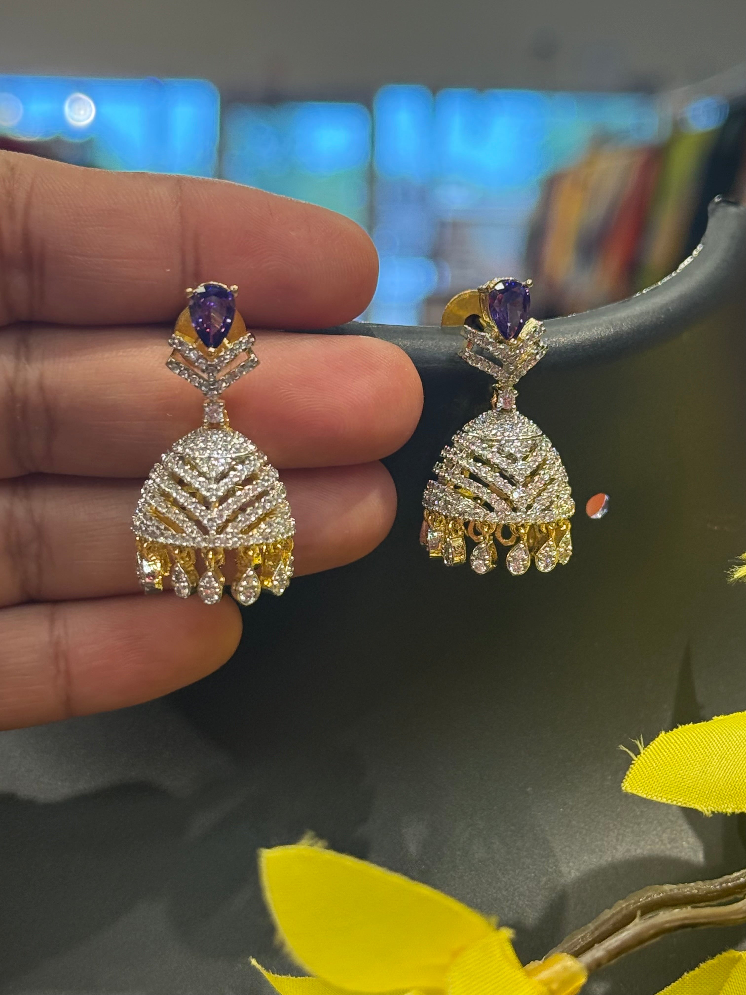 Party Wear Earrings-CZ Jhumkas with Purple Stone