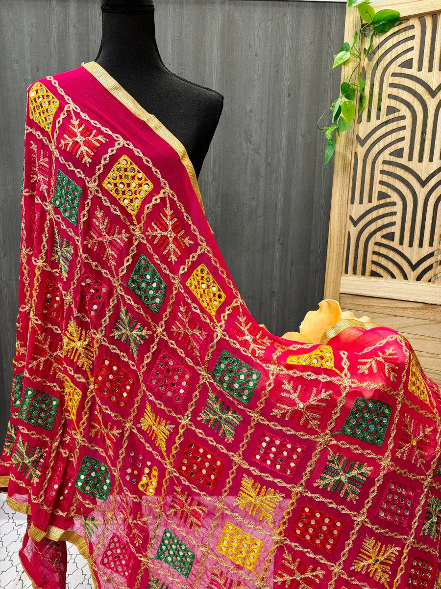 Phulkari Dupatta with Real Mirror Work - Traditional Embroidery