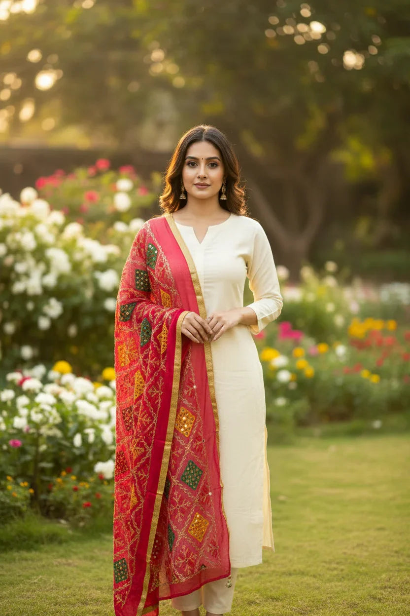 Woman in cream Indian ethnic wear with red embroidered dupatta standing in garden with flowers