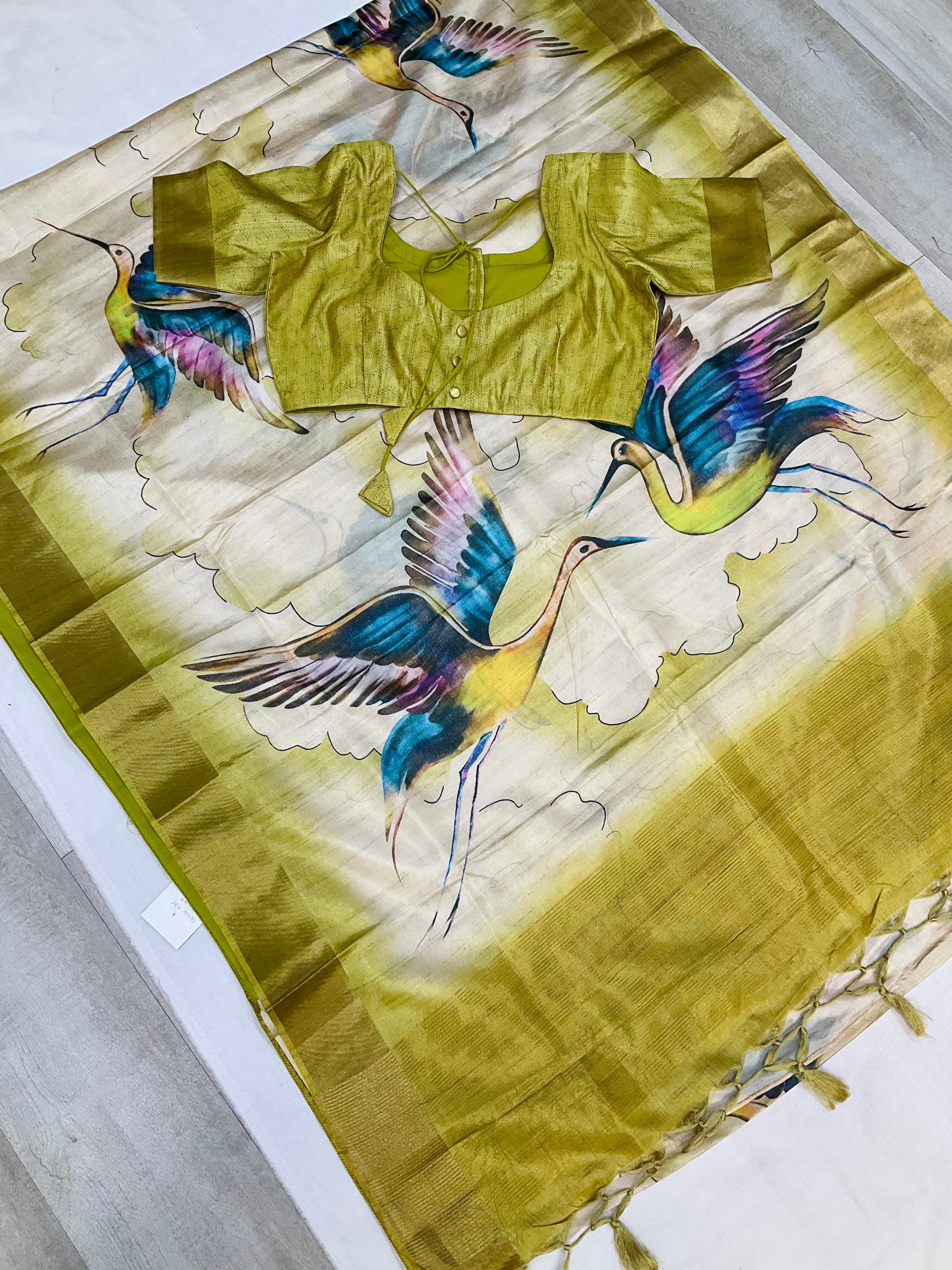 Digital Print - Tussar Silk Saree with Stitched Blouse- Bird Theme