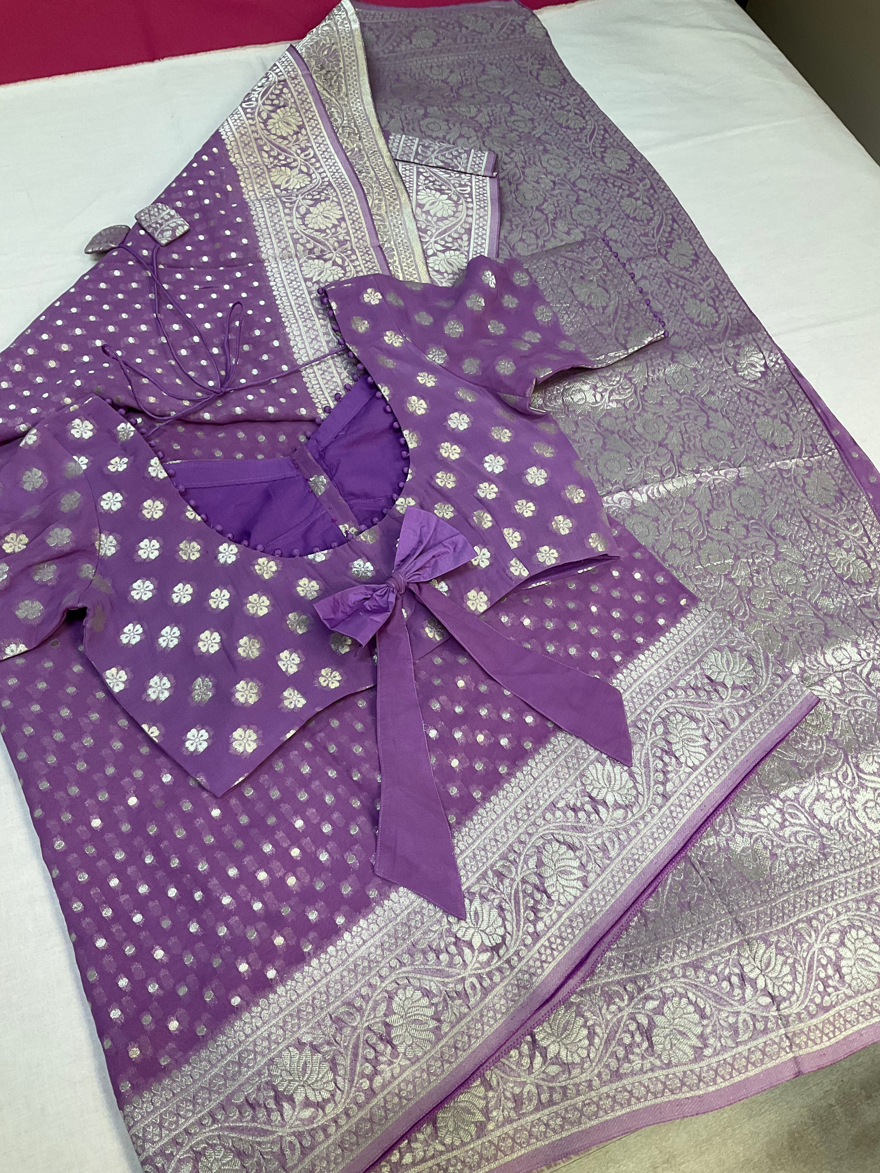 Lavender Georgette Benarasi saree with Stitched Blouse