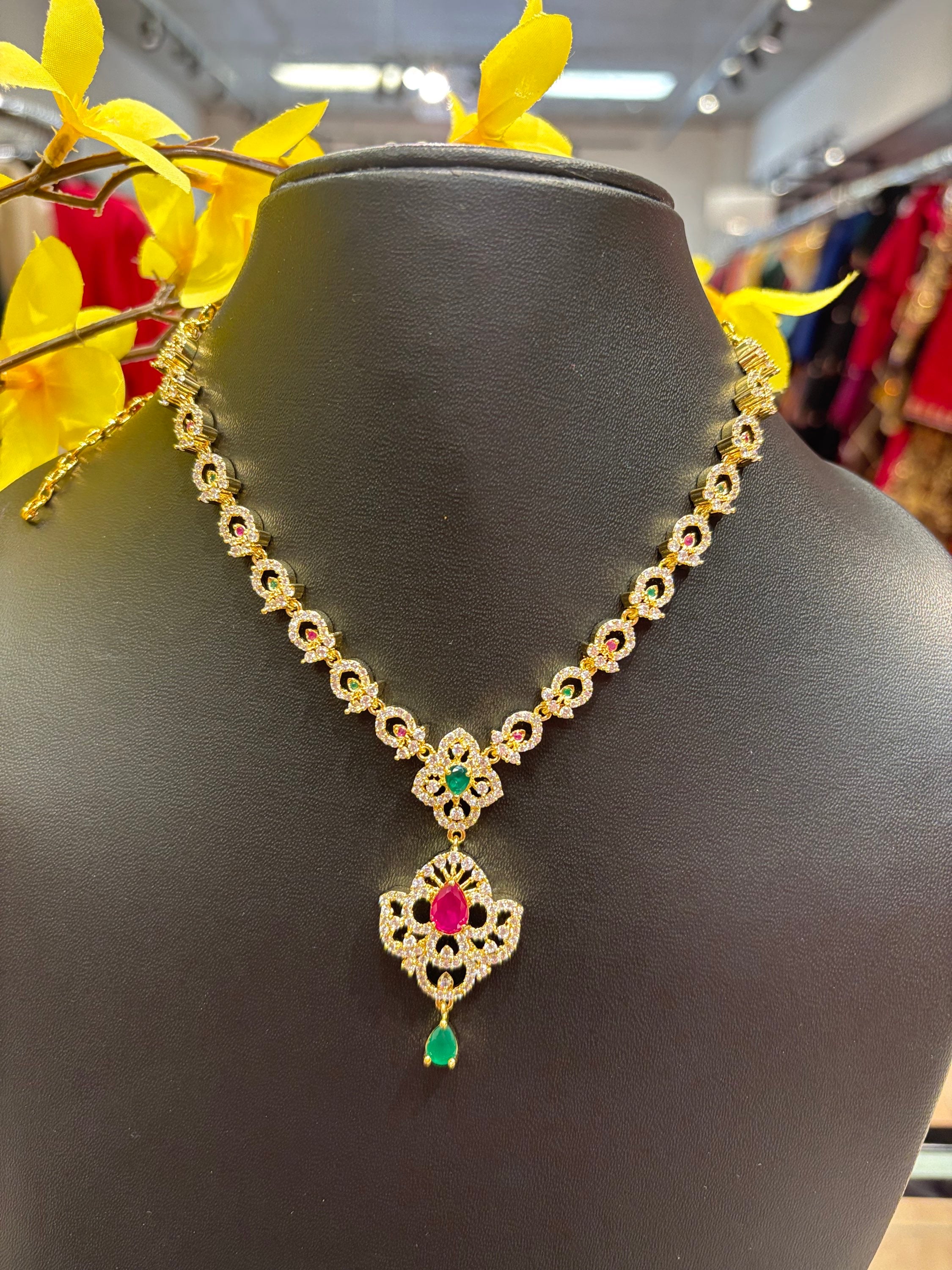 Multicolor Stones CZ Necklace set with small Pendant  image 1