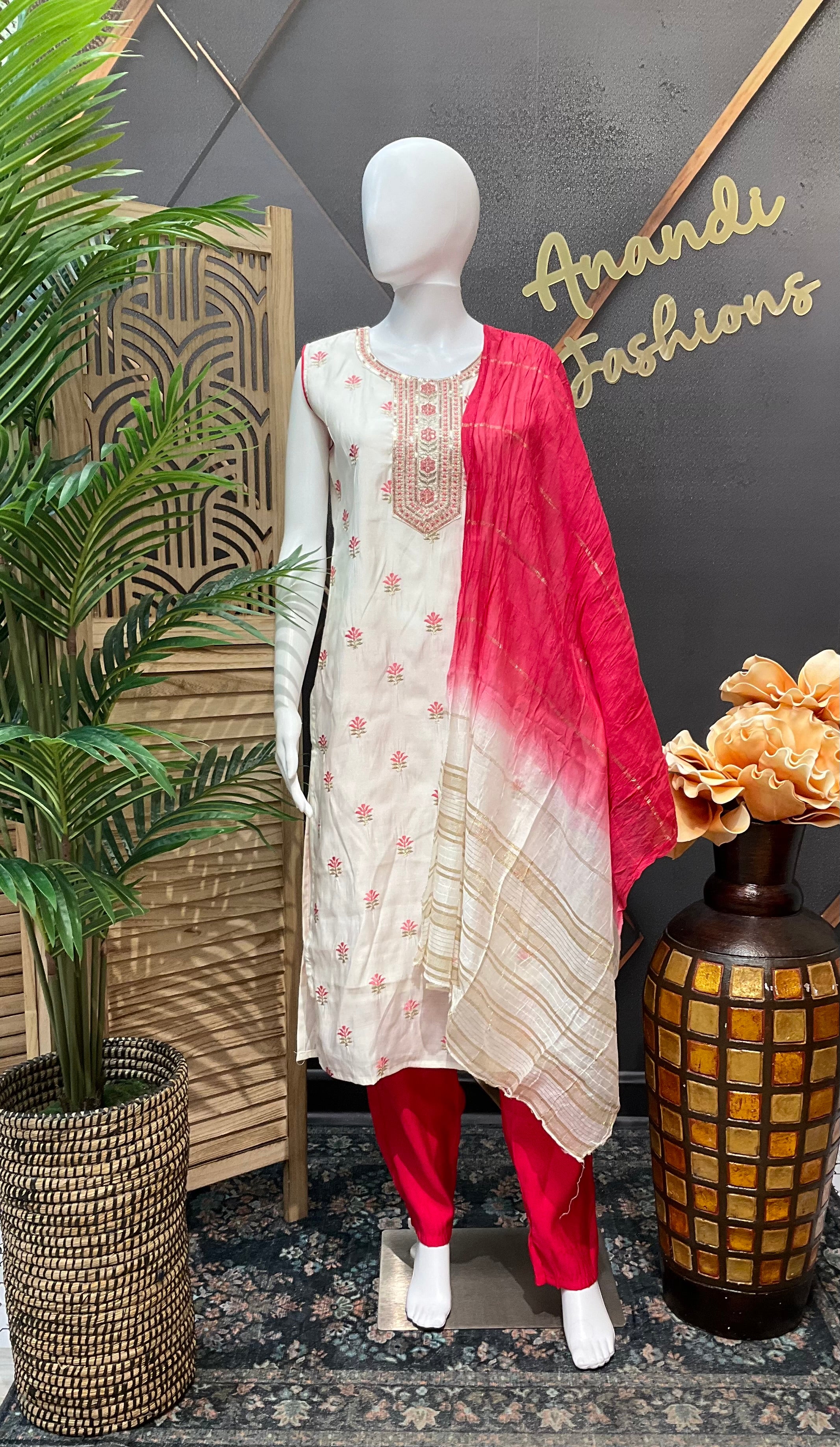 Half white raw silk kurti set