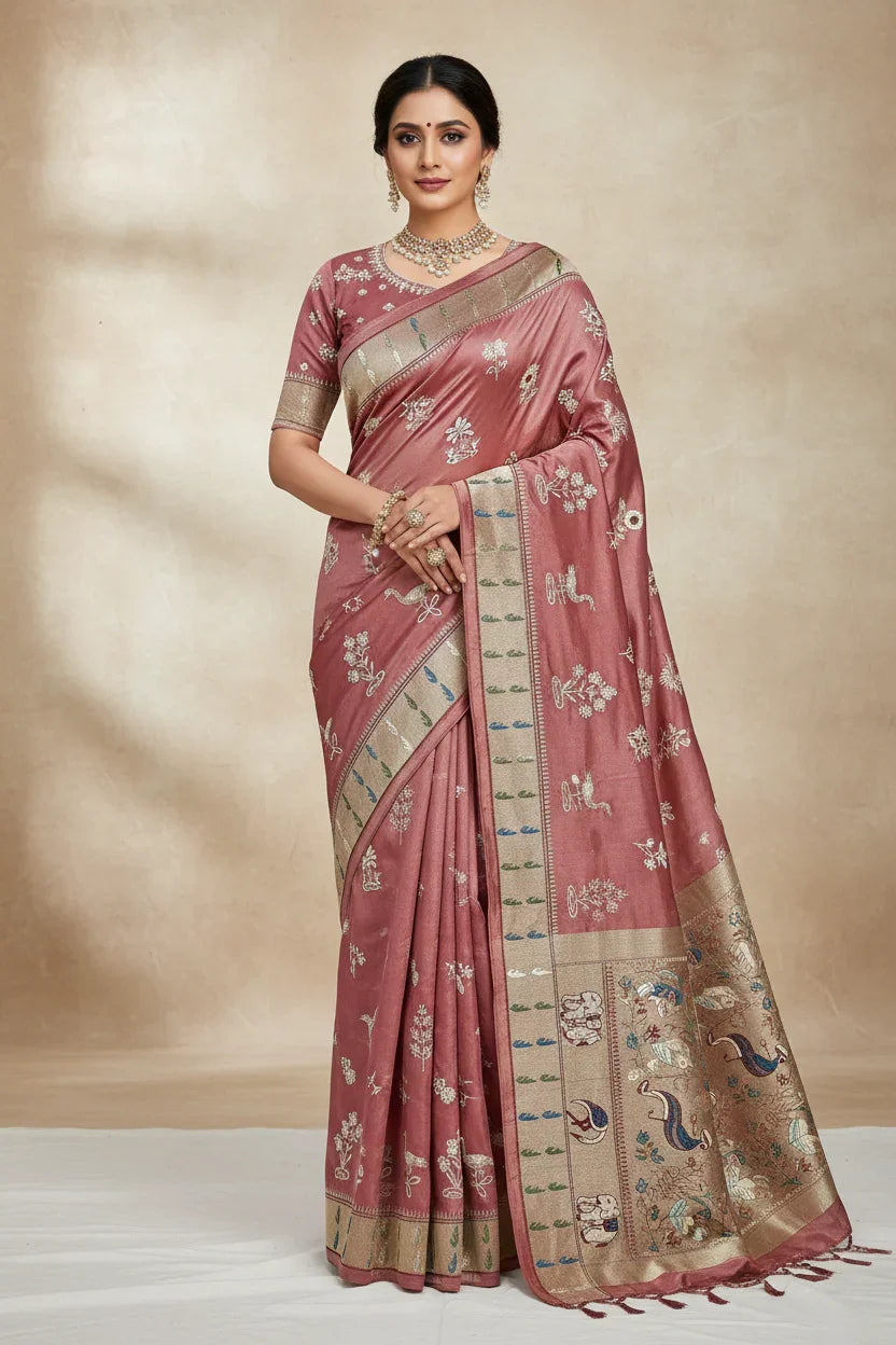 Woman wearing a dusty pink silk saree with intricate gold and multicolor floral and peacock embroidery, paired with matching blouse and traditional jewelry