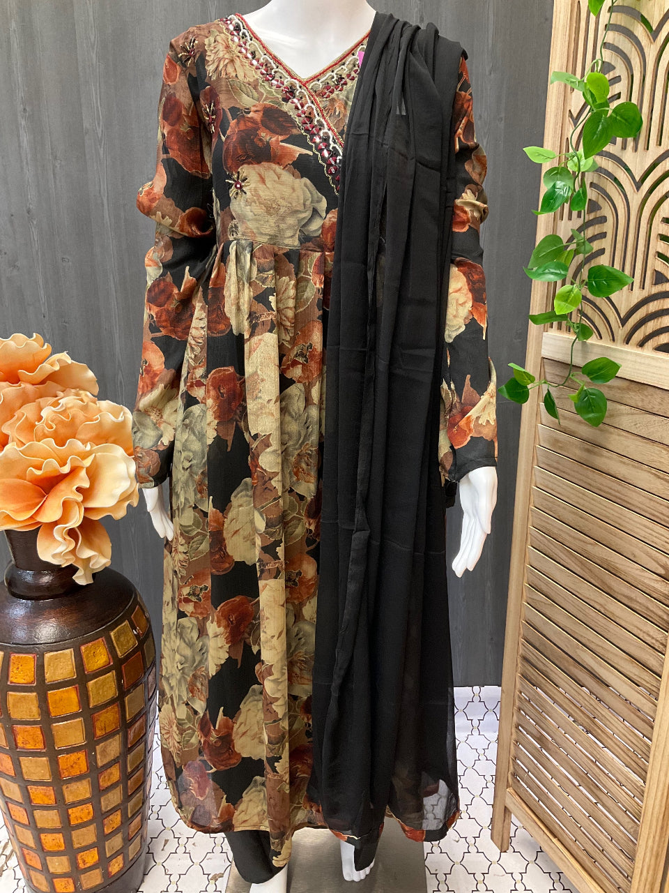 Plus Sizes Chudidhar set - Floral Print Satin Silk Set with Full Sleeve image 1