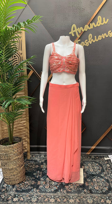 Indo Western Georgette Skirt Set with Embroidered Jacket - Thin Strap Blouse