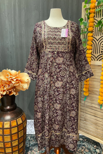 Plus Size Wine Color Rayon Anarkali Kurti - Size 58