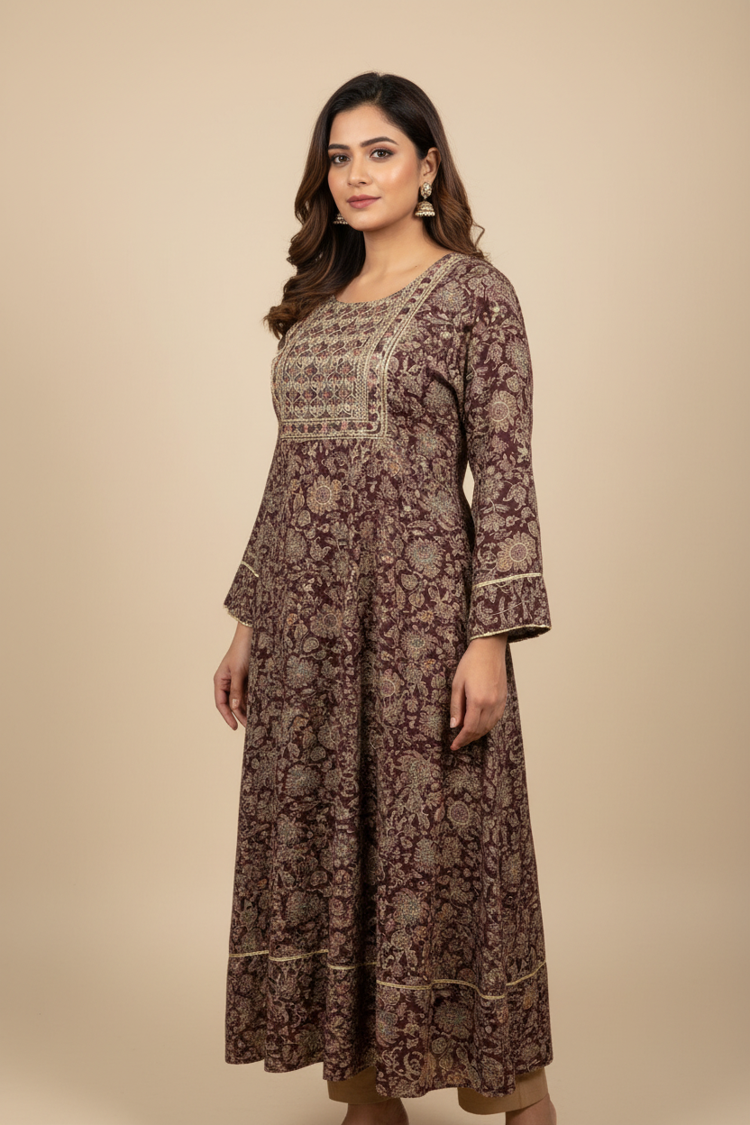 Plus Size Wine Color Rayon Anarkali Kurti - Size 58
