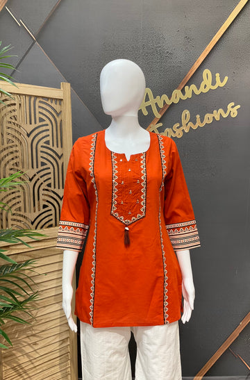 Orange -Pure Cotton Short Kurti