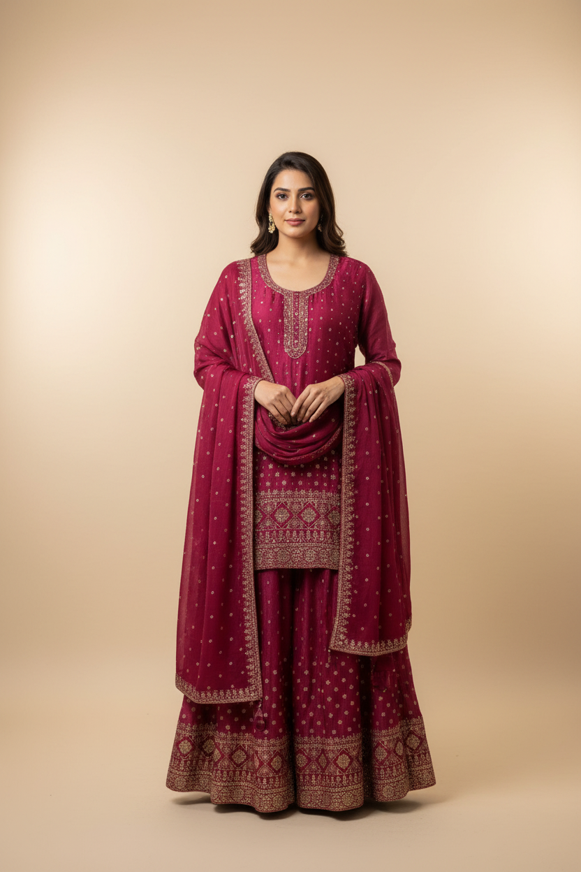 Plus Size Wine Lehenga with Long Blouse