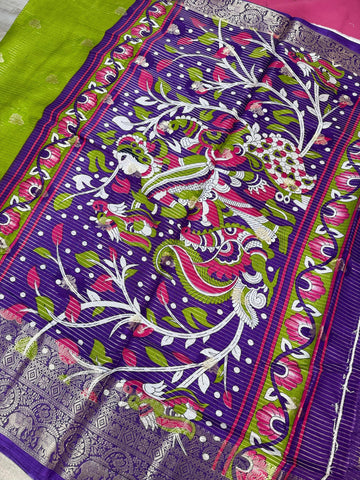 Traditional Semi Silk Saree with Kalamkari Print - Peacock Buttis
