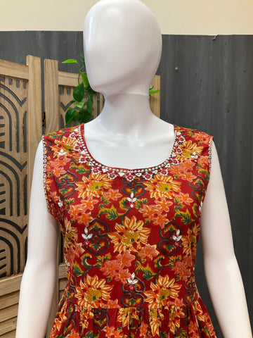 Sleeveless Red Pure Cotton Summer Frock/Kurti - Size 42/44
