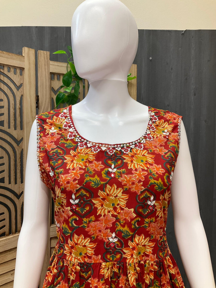 Sleeveless Red Pure Cotton Summer Frock/Kurti - Size 42/44