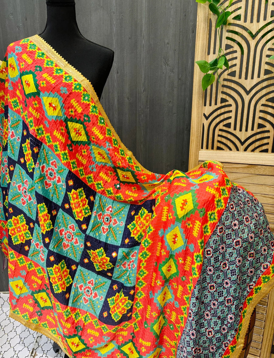 Multicolor Dupatta with Gotta Patti Border - Real Mirror Work
