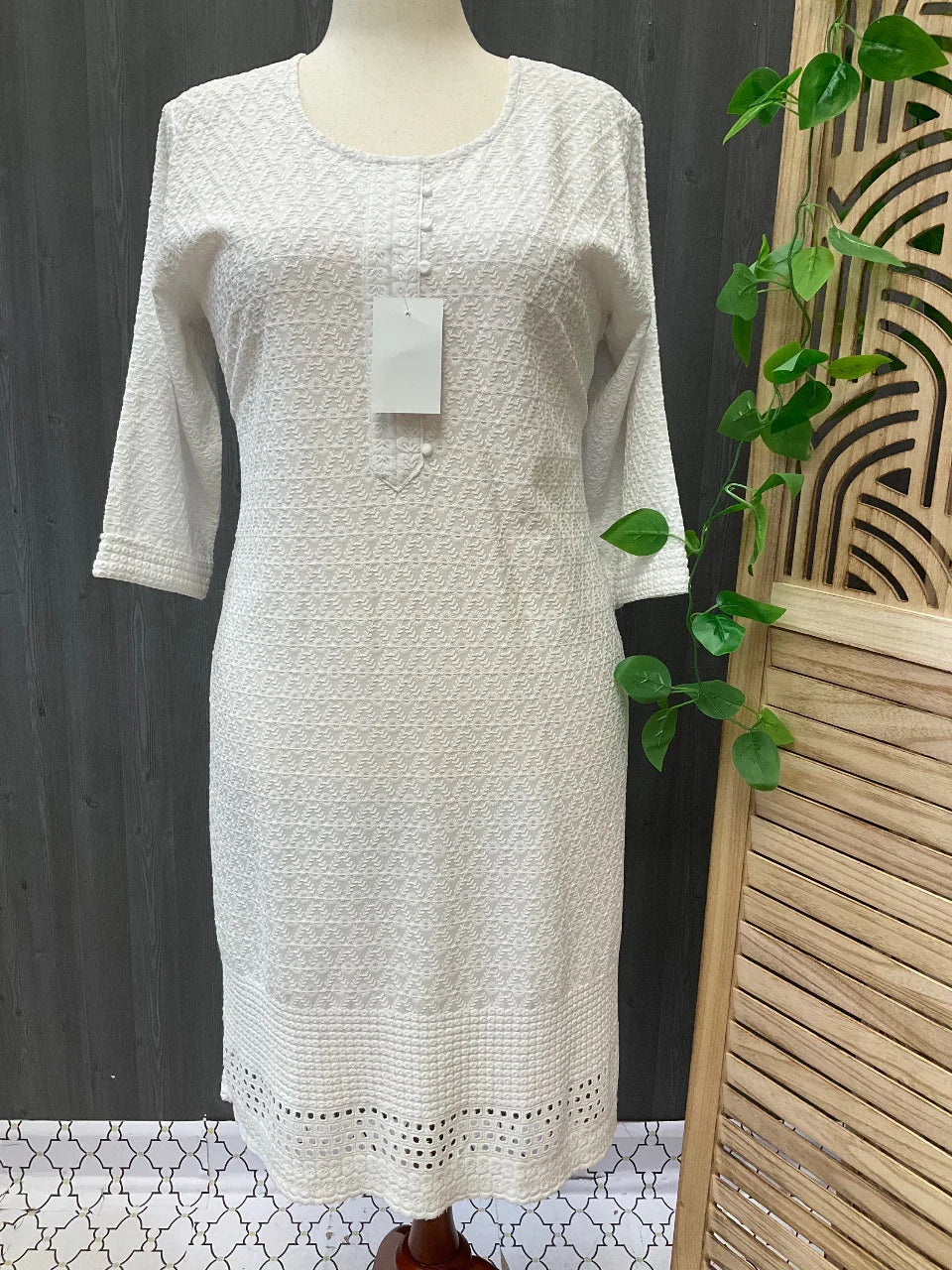 Plus Size White Chikankari Kurti Size 46 - Rayon with Sequins