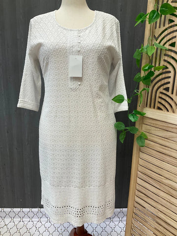 Plus Size White Chikankari Kurti Size 46 - Rayon with Sequins