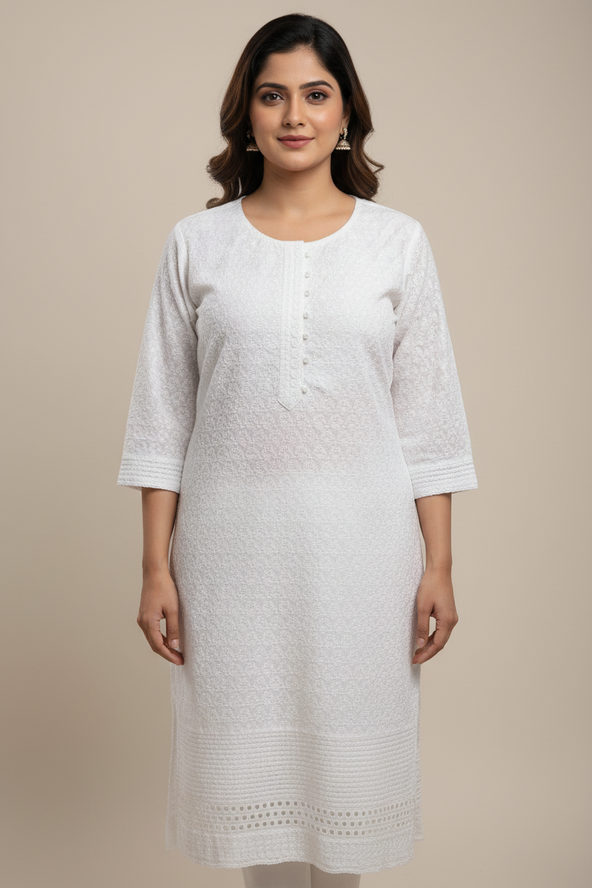 Plus Size White Chikankari Kurti Rayon with Sequin Embroidered Short Kurti