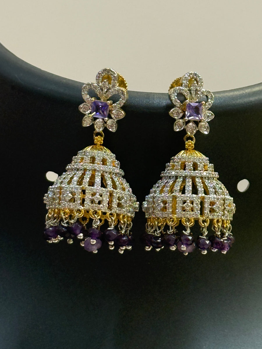 CZ Party Wear Earrings /Jhumkas with Purple Beads