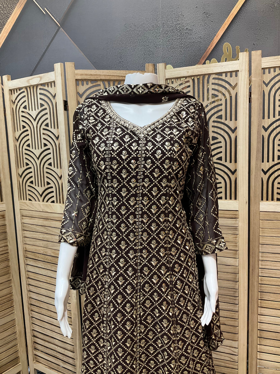 Brown Georgette Anarkali Model Party Wear Kurti set