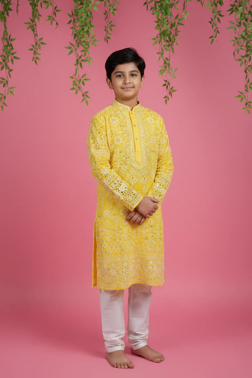 Young boy in yellow embroidered Indian kurta with white churidar pants on pink background with hanging green leaves