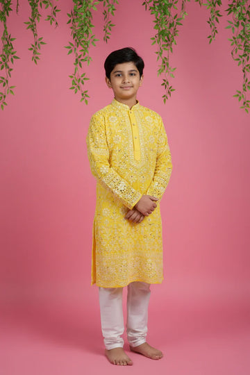 Young boy in yellow embroidered Indian kurta with white churidar pants on pink background with hanging green leaves