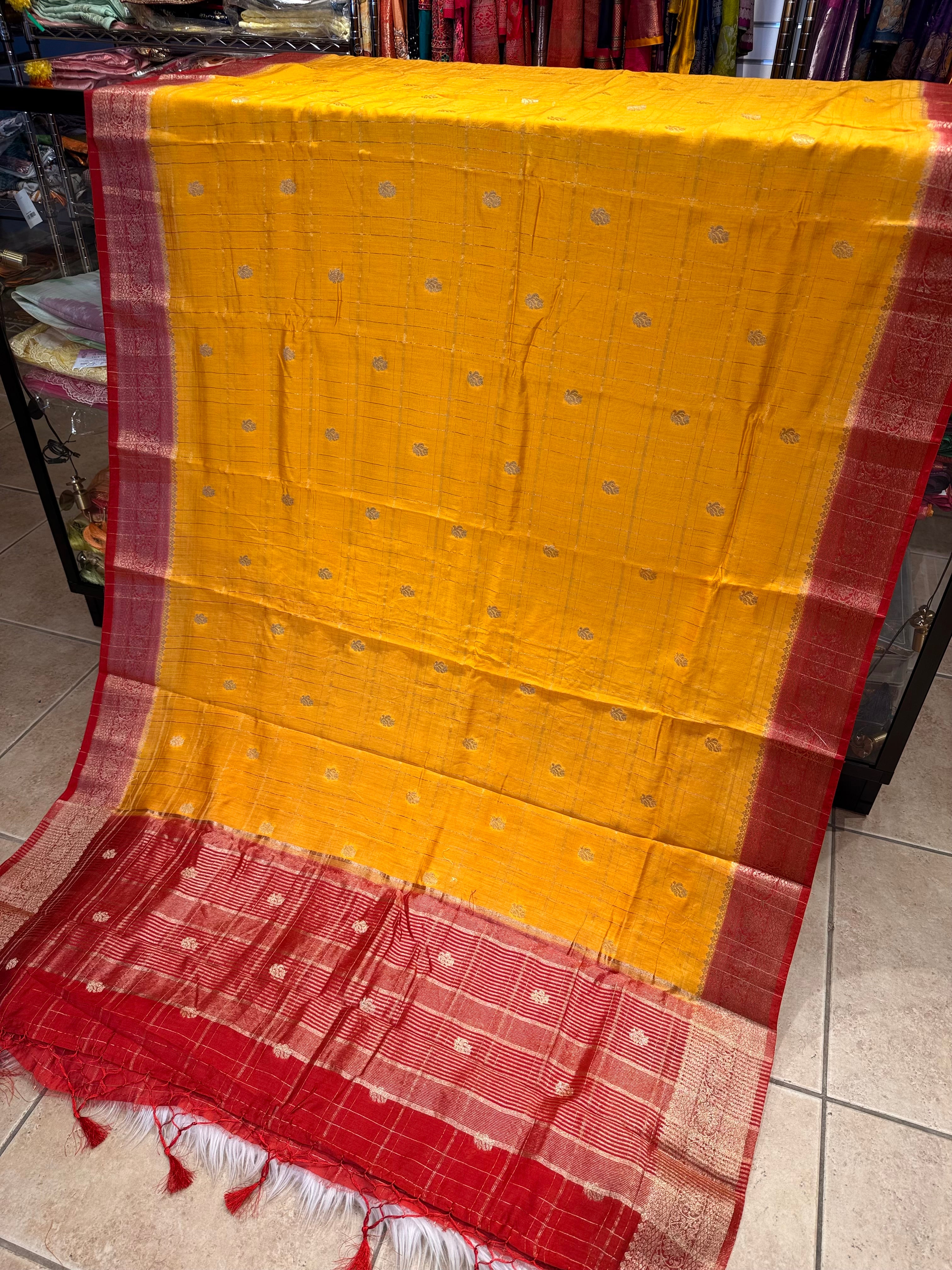 Semi Silk Yellow Saree with Red Border