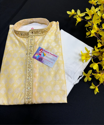Light Yellow -Jacquard Men’s Kurta Pajama set - Size 40