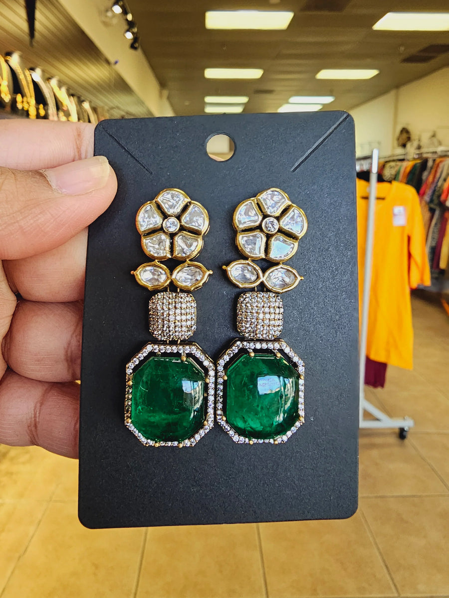 Victorian Earrings - Stylish Kundan Earrings with Emerald Stones