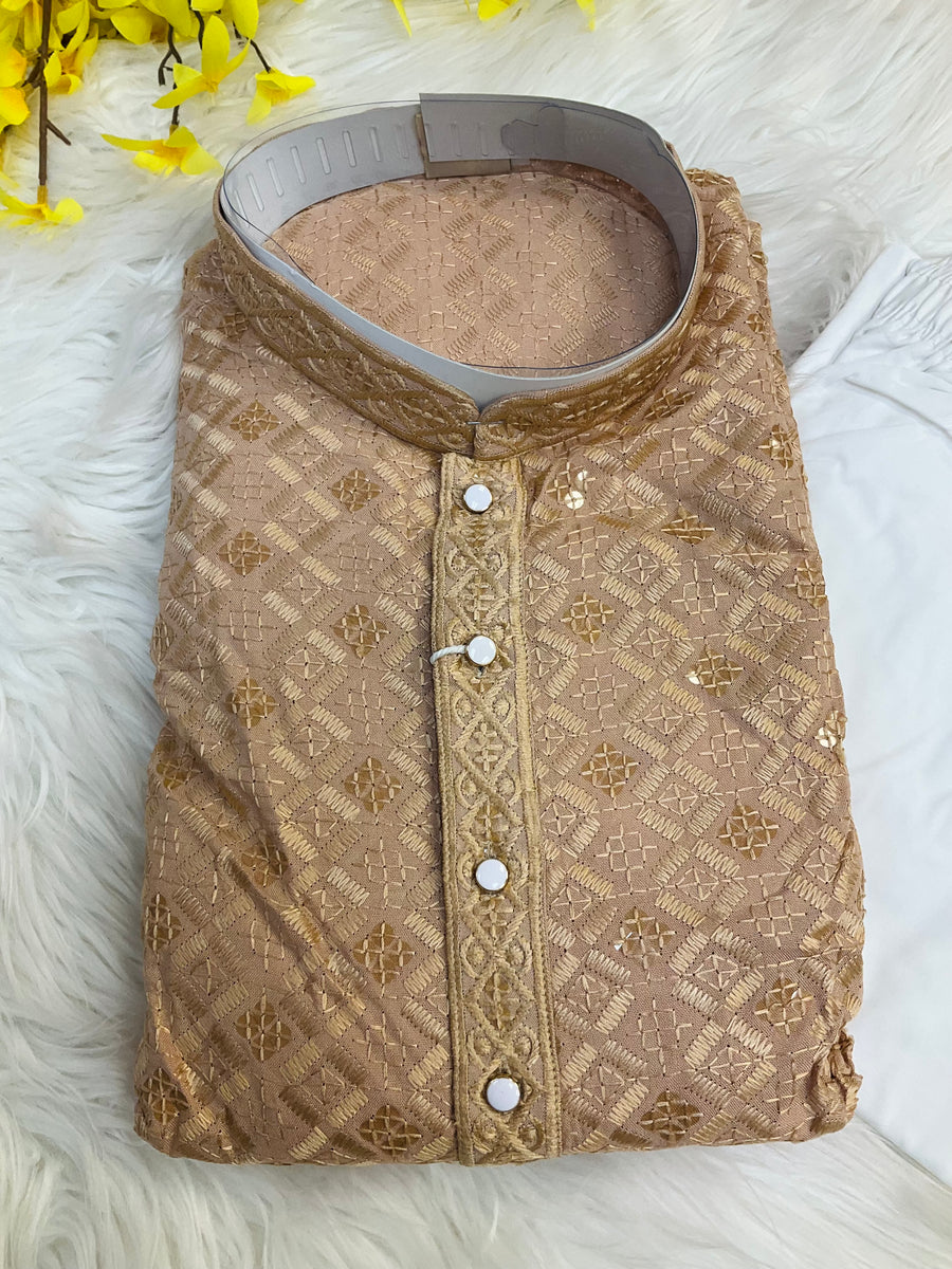 Plus Size Chikku/ Light Brown  color  Rayon Chikankari Men’s wear Kurta set