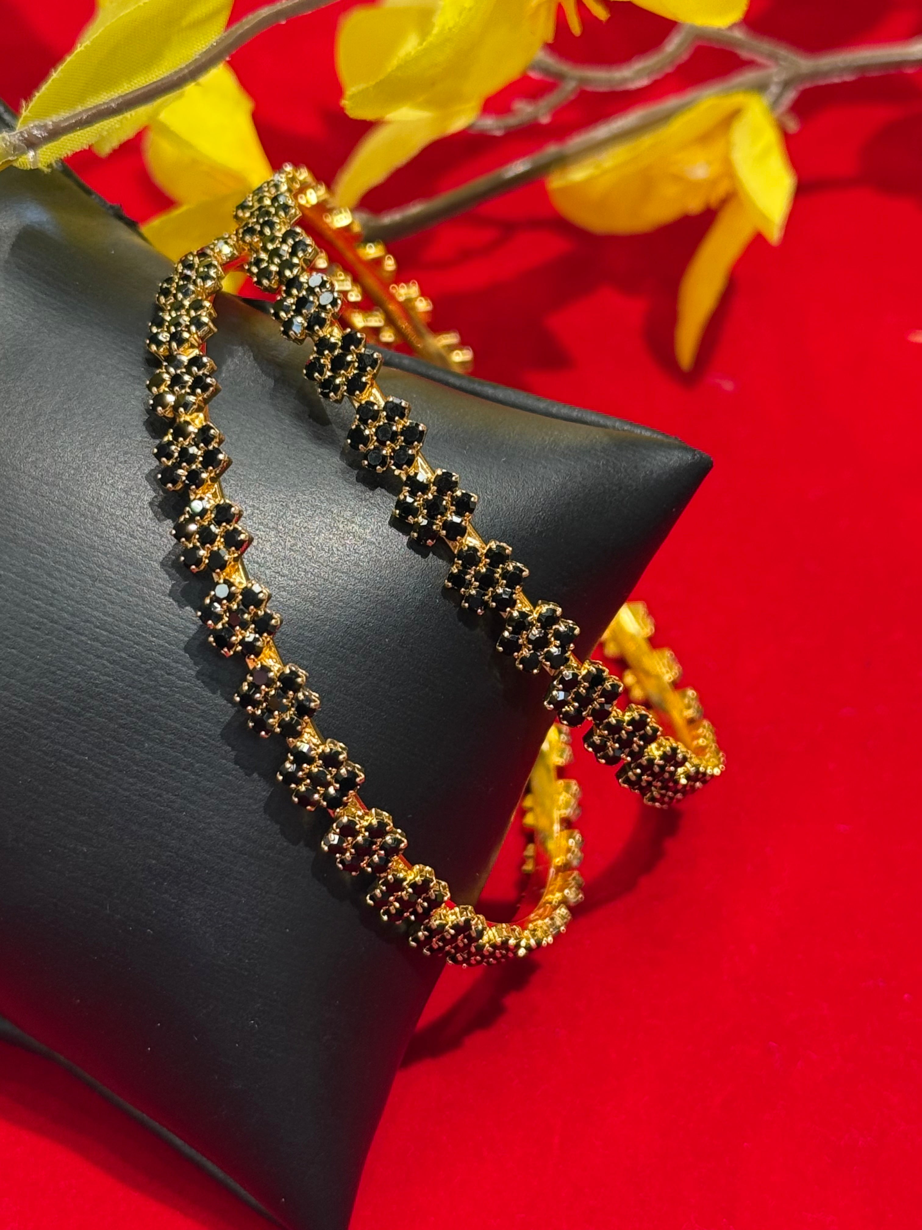 Gold Finish- Black Stones Bangles - Pair