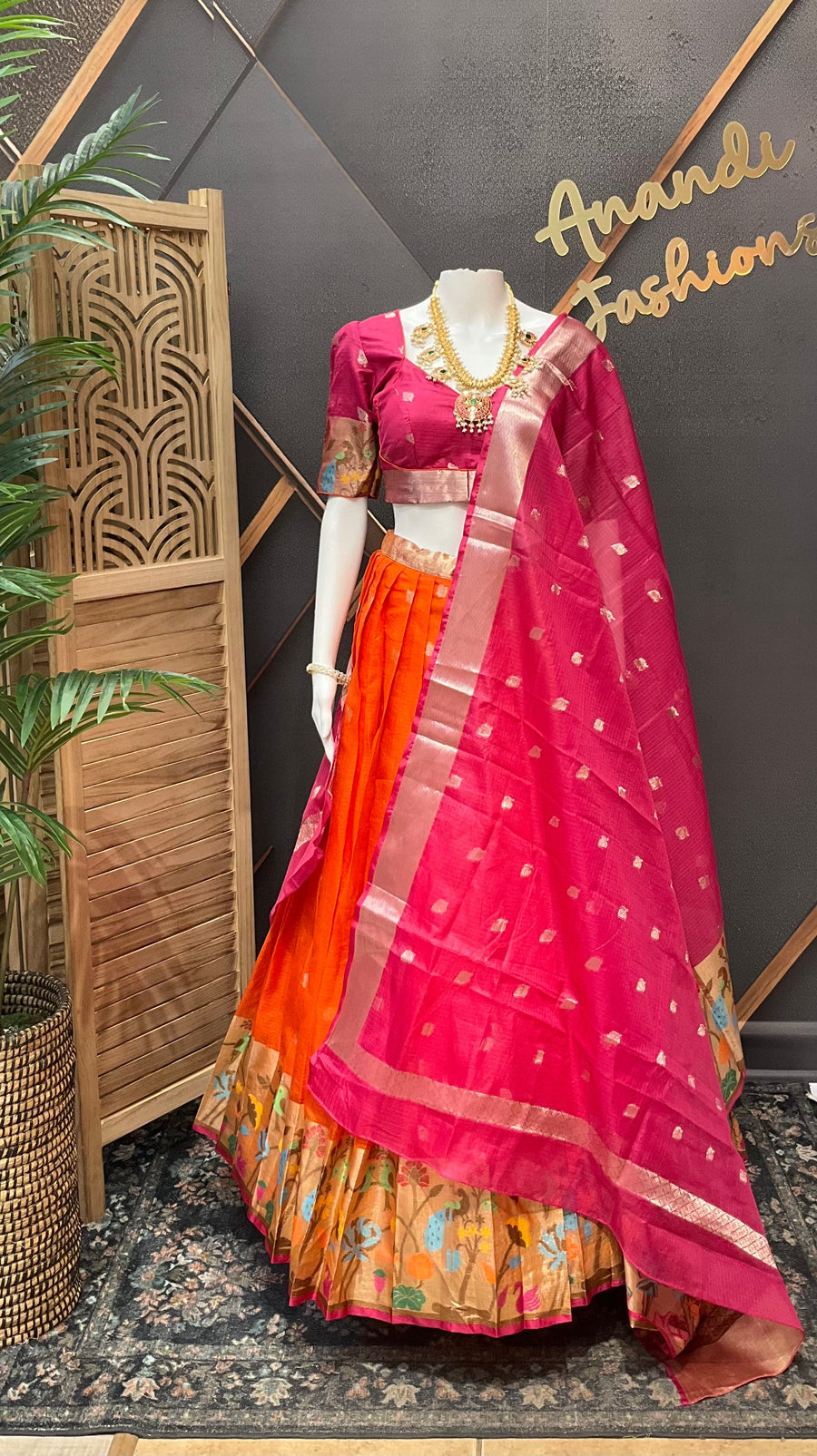 Orange & Pink Silk Kota Half Saree set