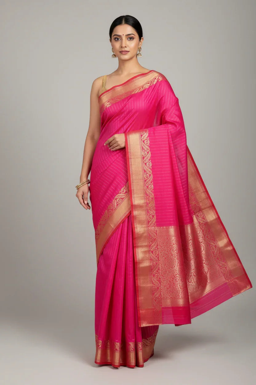 Hot Pink Silk Saree with Red Border - Soft Lightweight 5 Inch Border