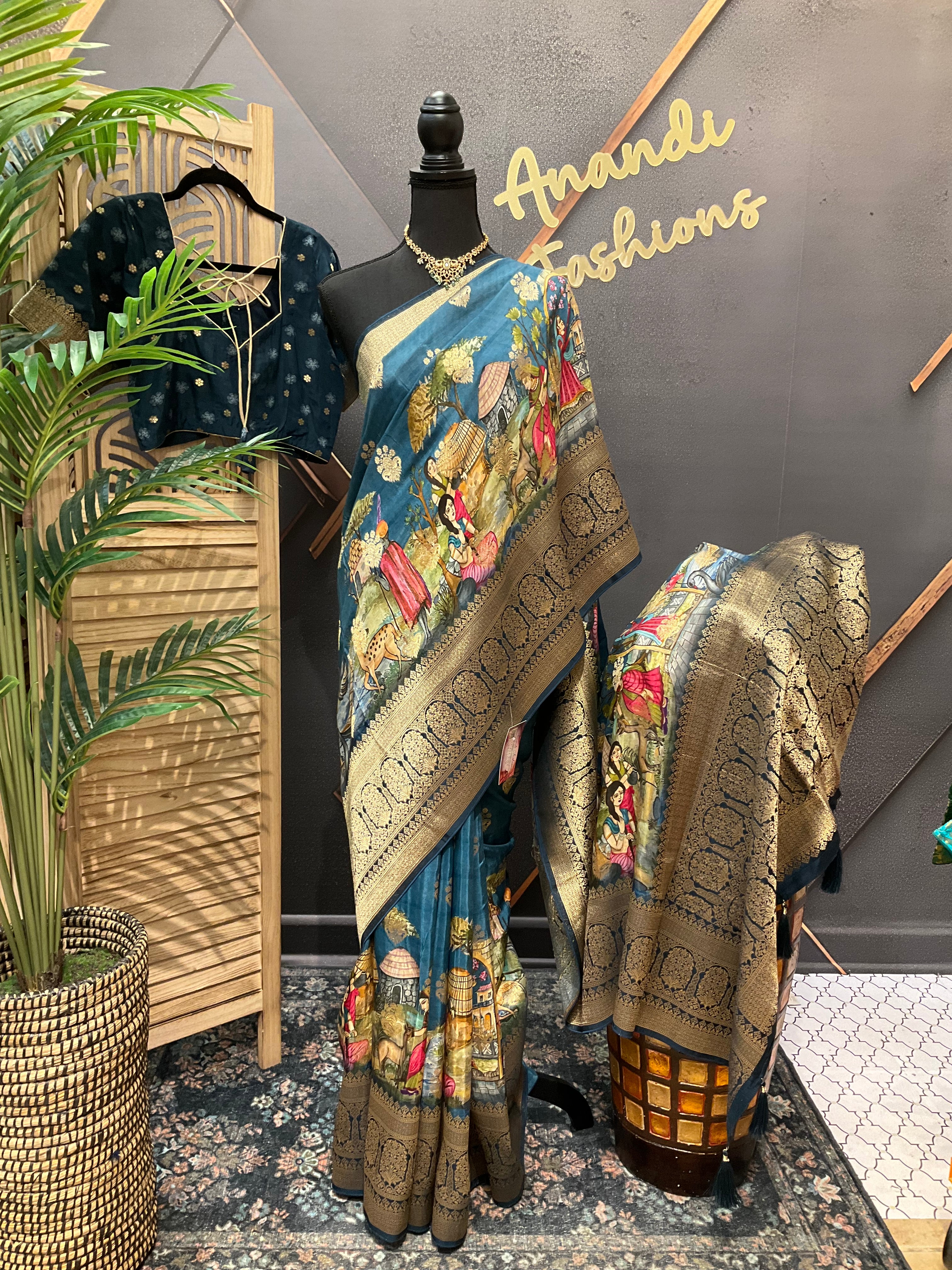 Teal blue Russian Silk saree with stitched blouse and fall pico done