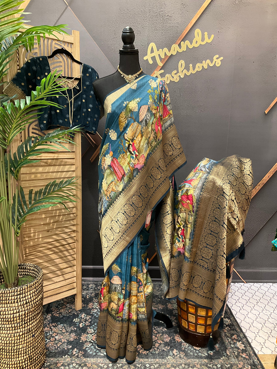 Teal blue Russian Silk saree with stitched blouse