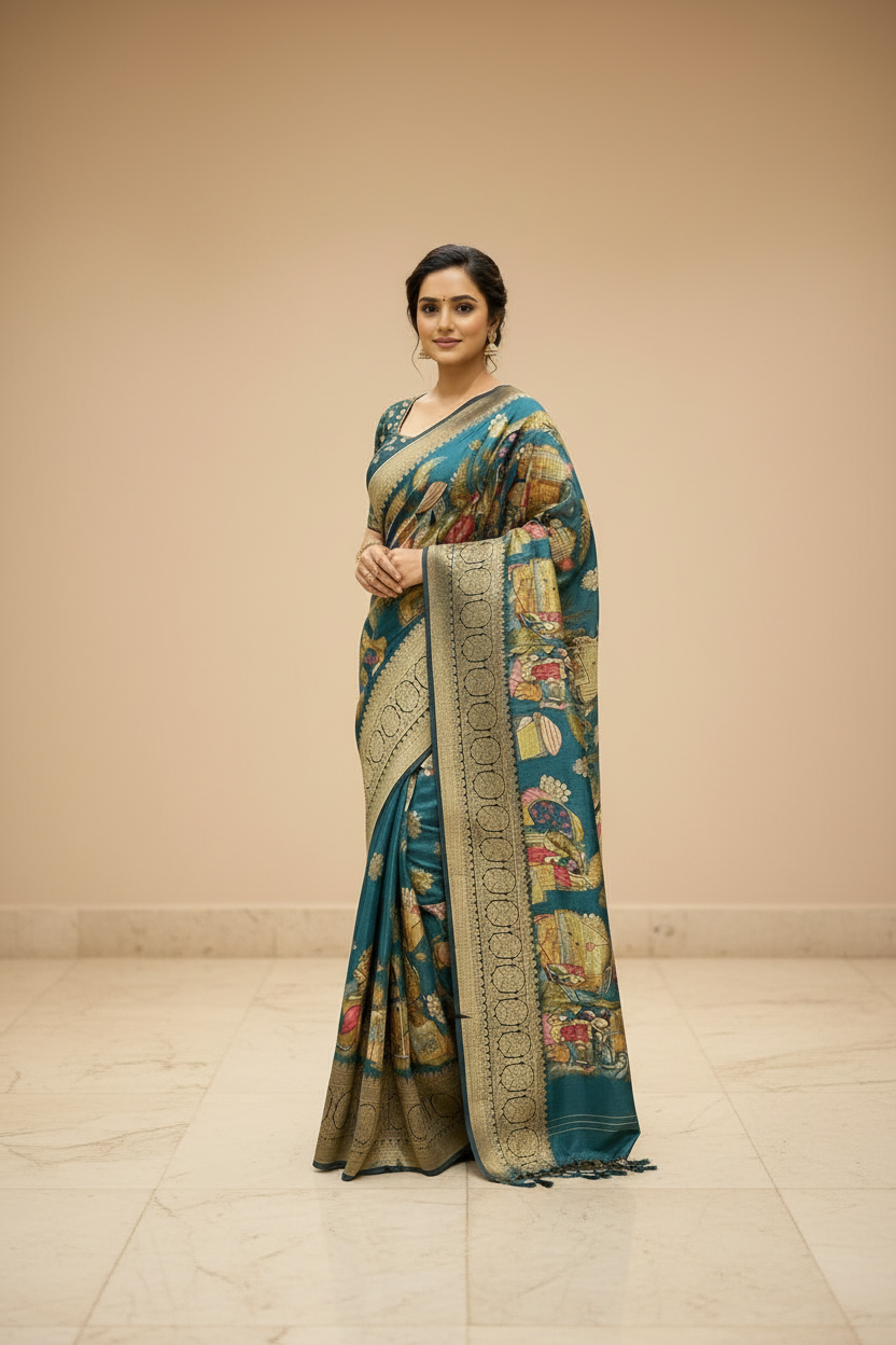 Teal blue Russian Silk saree with stitched blouse