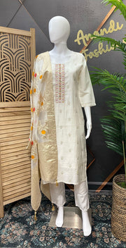Party Wear White Kurti Set Size 44 - with Benarasi Dupatta