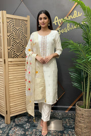 Woman wearing elegant cream Indian ethnic suit with embroidered dupatta at Anandi Fashions store