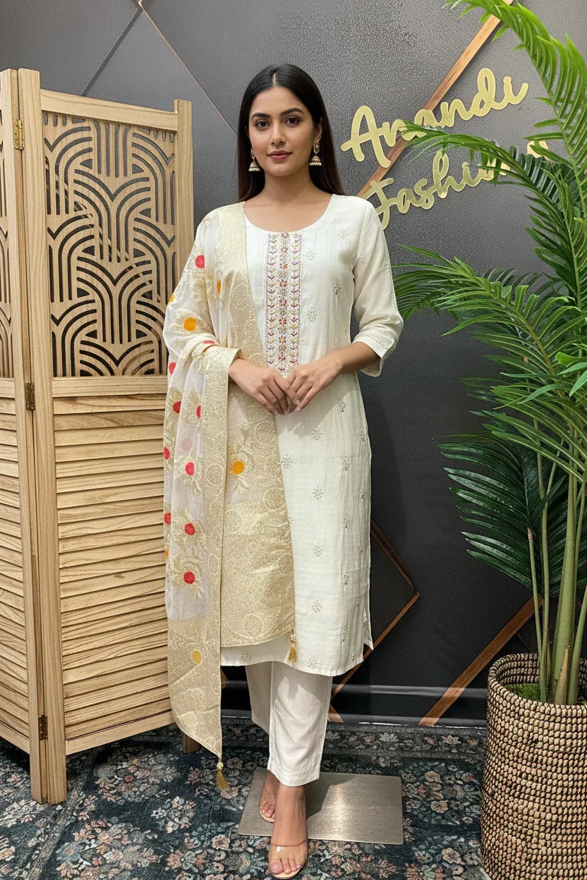 Woman wearing elegant cream Indian ethnic suit with embroidered dupatta at Anandi Fashions store
