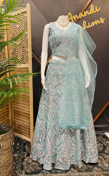 Pastel Net Lehenga Set with Real Mirror Work - Heavy Party Wear