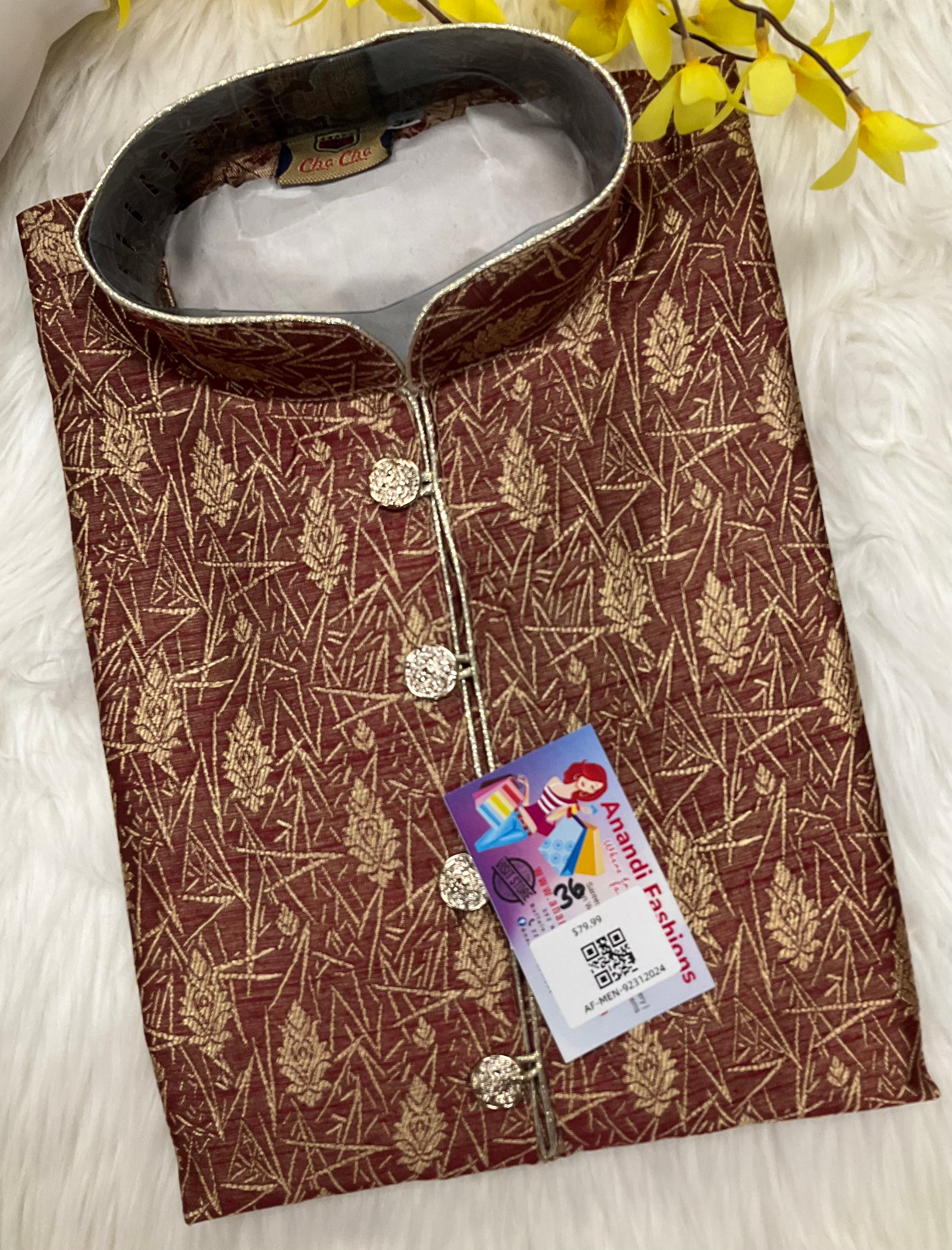 Mens kurta -Maron Kurta with Gold Pajama Size 36 image 1
