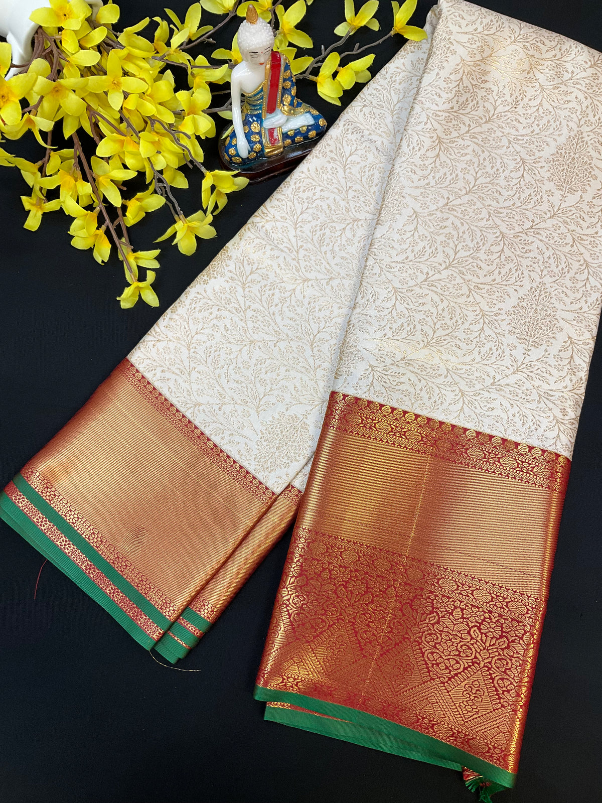 Semi Silk Half White & Red Border Saree