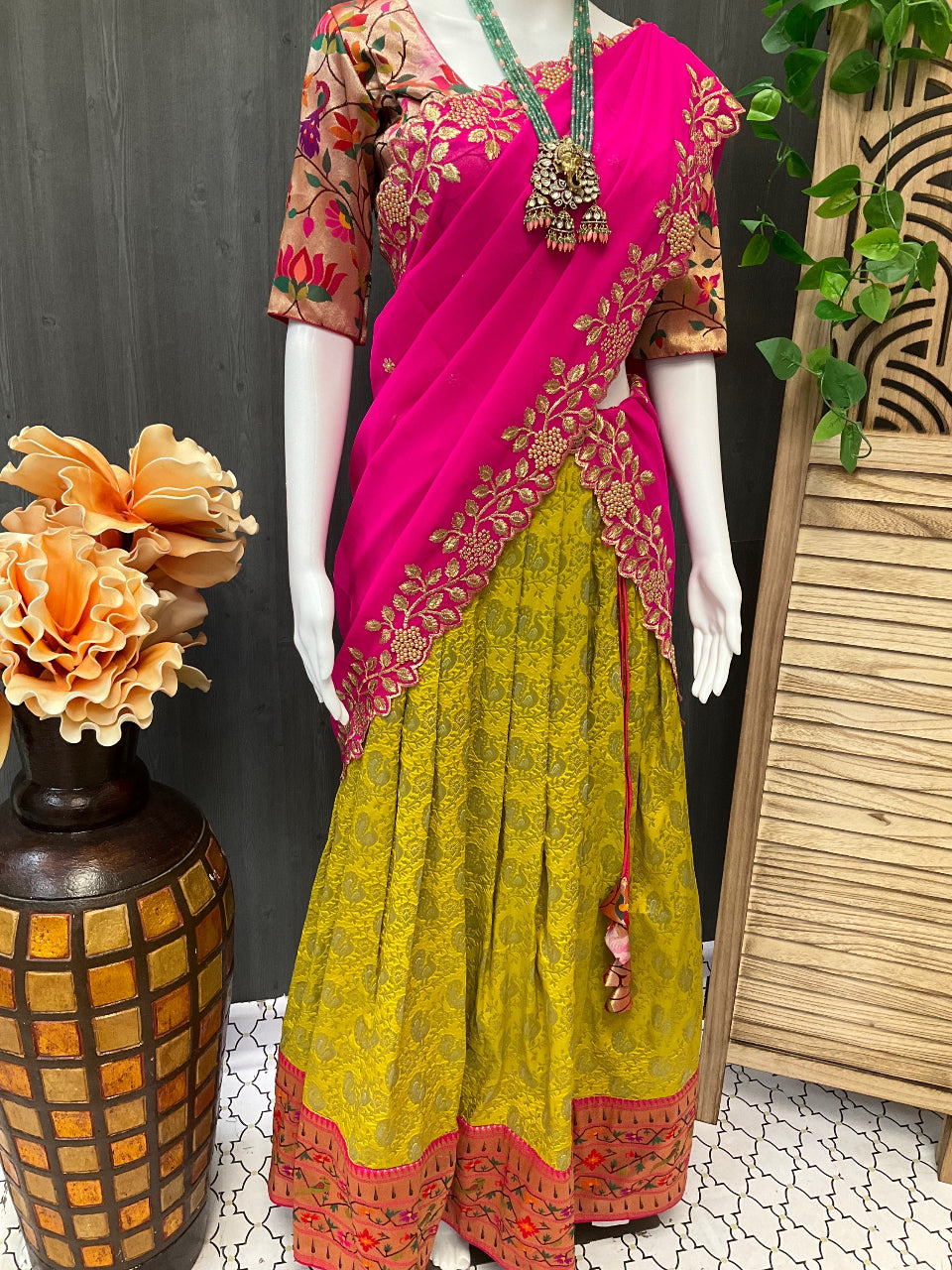 Banarasi lehanga/half saree with paithani border and blouse fits size 38-42 image 0