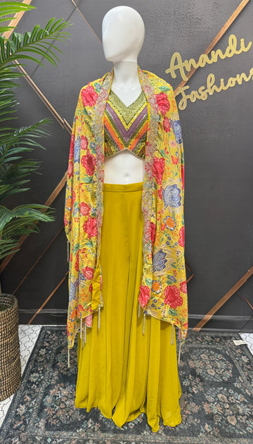 Yellow Chiffon Sharara Set Size 40 - Indo Western Party Wear