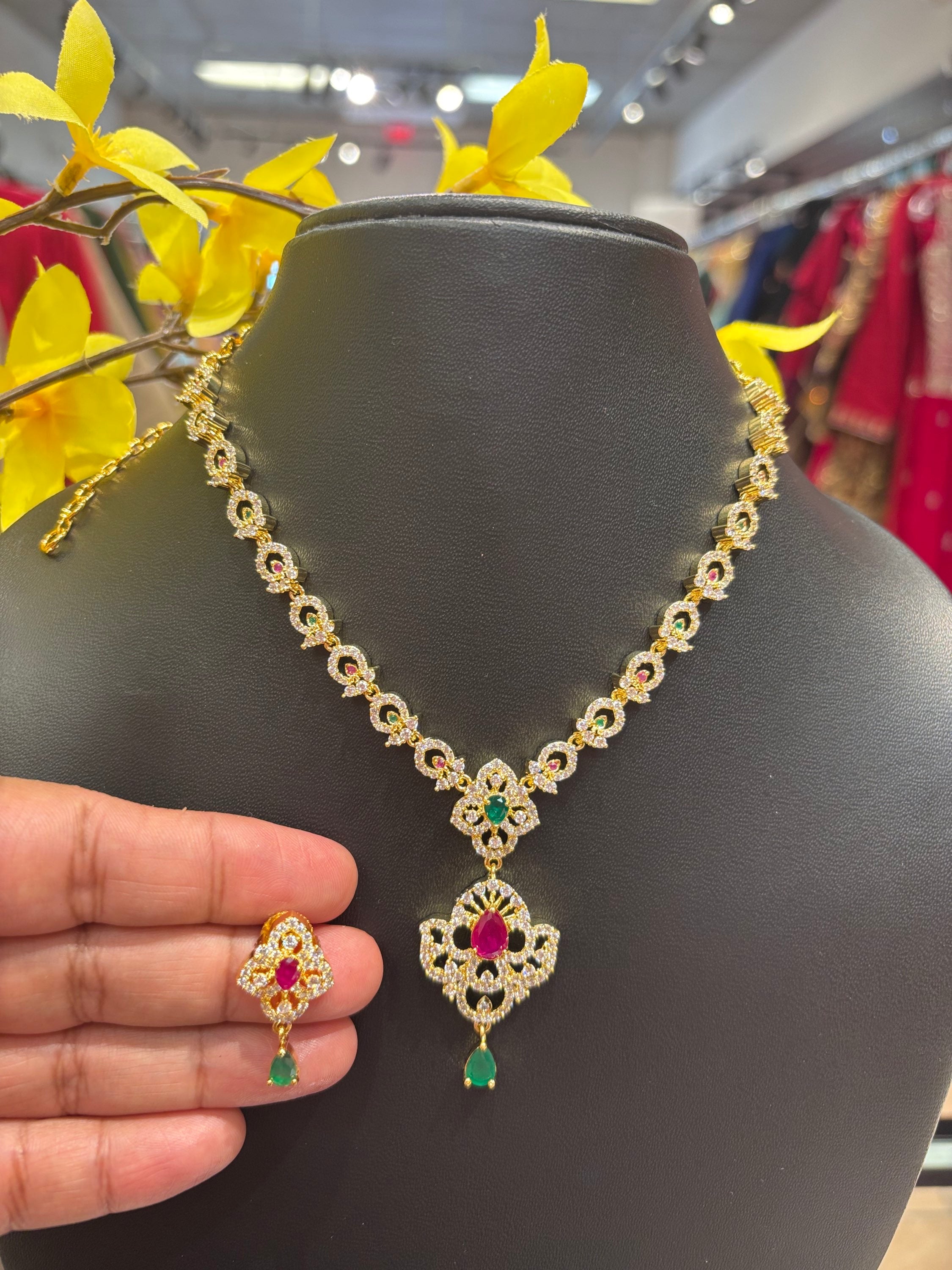 Multicolor Stones CZ Necklace set with small Pendant  image 0