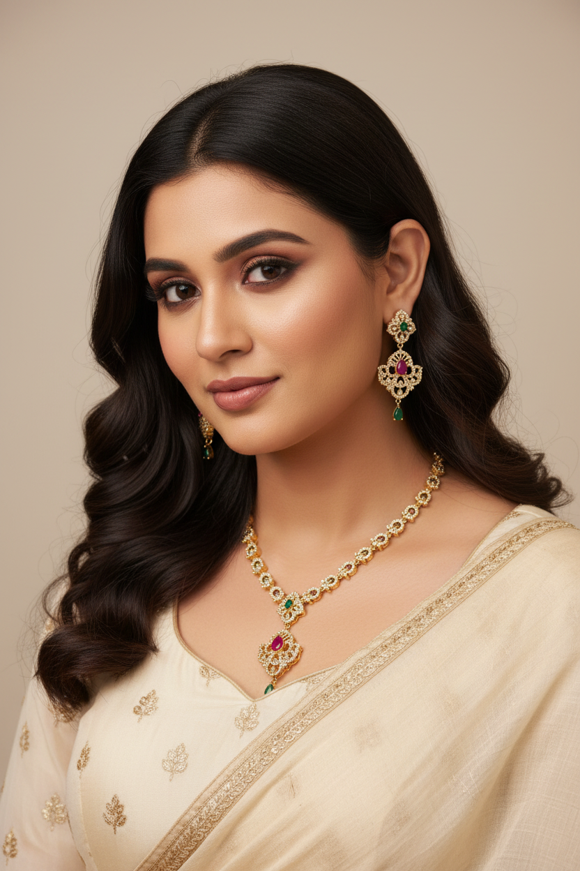 Close-up of woman in cream Indian ethnic saree with gold embroidery, wearing gold and gemstone necklace and earrings