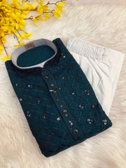 Peacock Blue Rayon Chikankari Men’s wear Kurta set