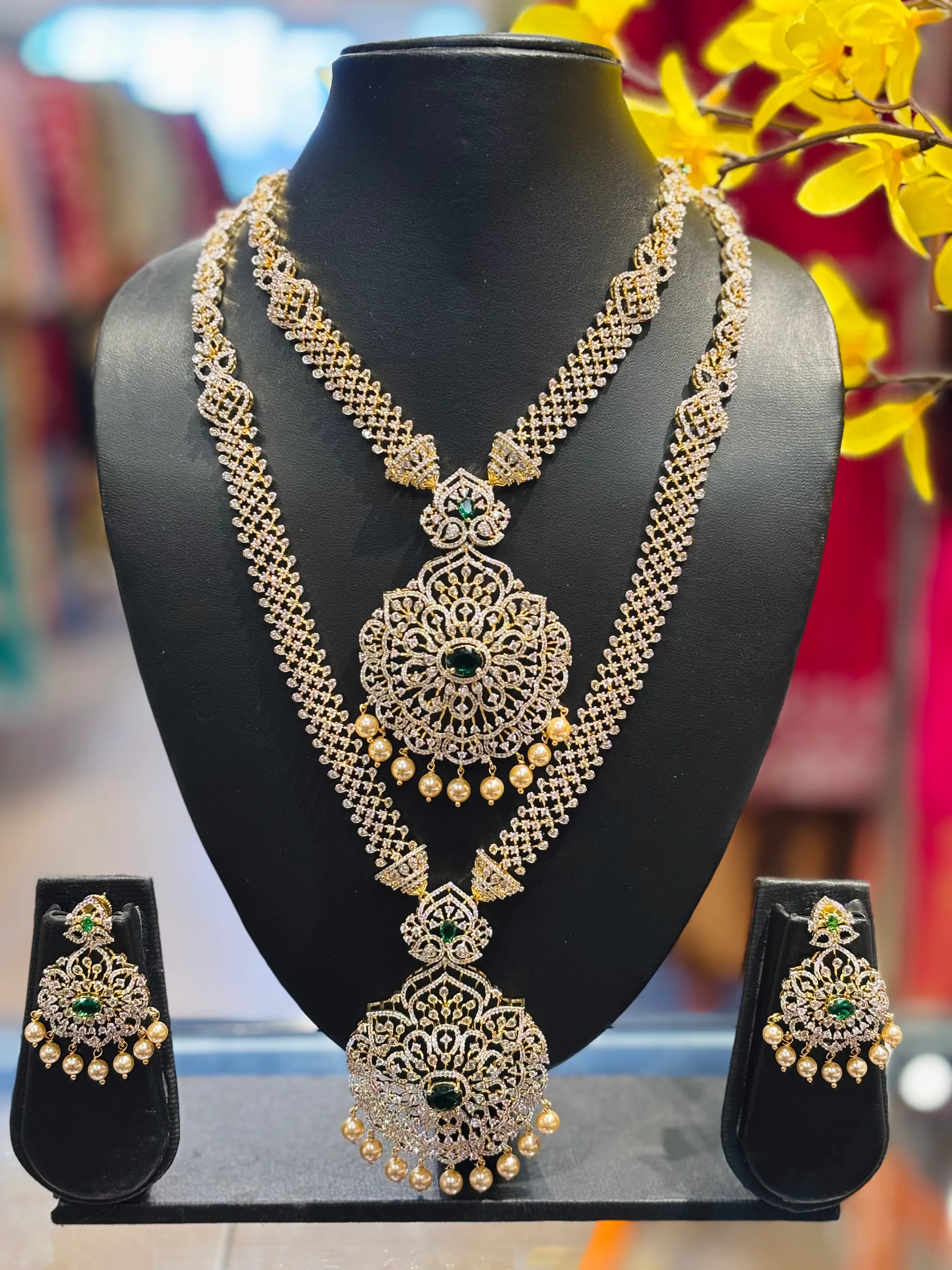 Combo Sets-Party Wear CZ Heavy Long & Short Necklace set